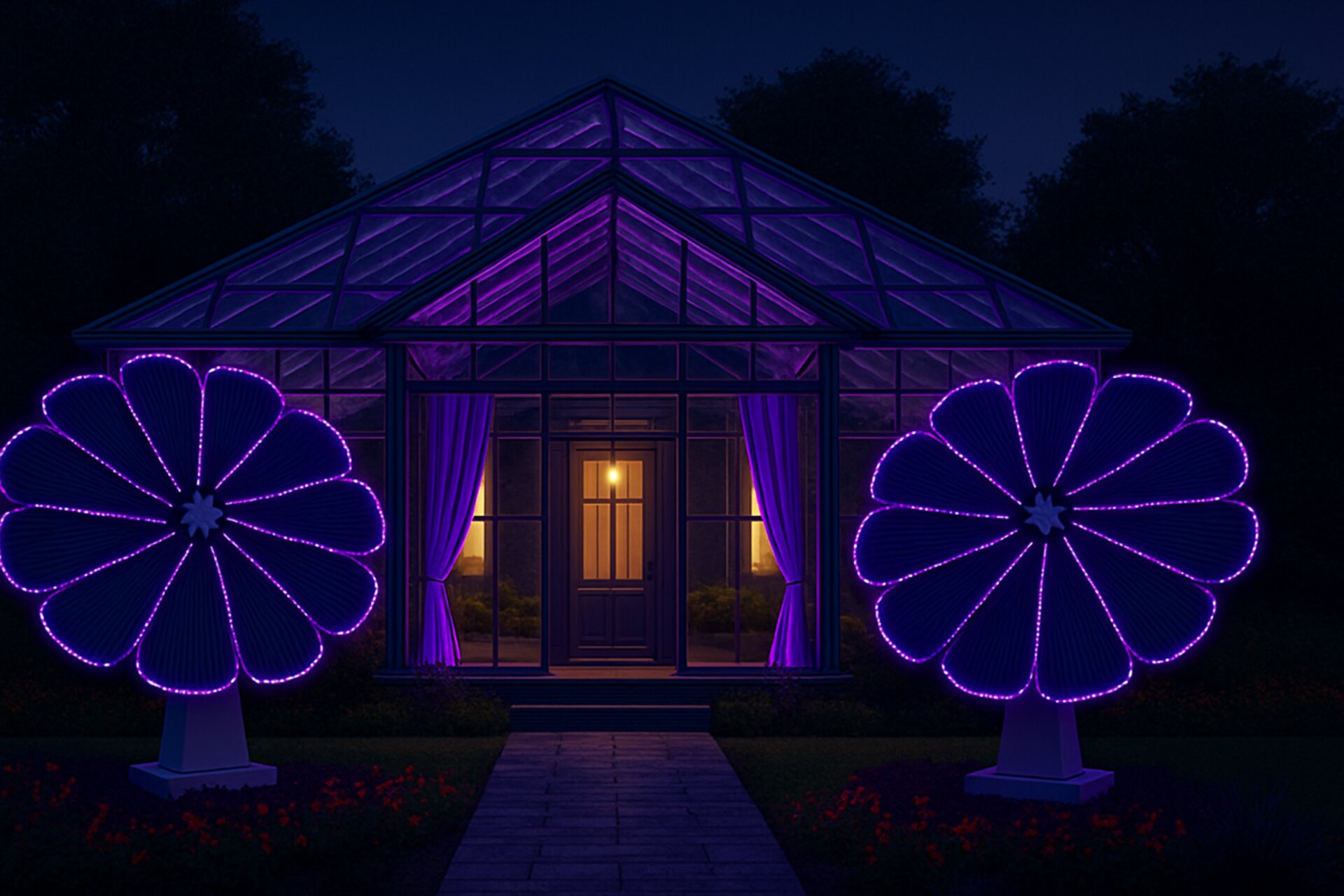 Concept render of the guest house at night, flanked by solar sunflower light sculptures