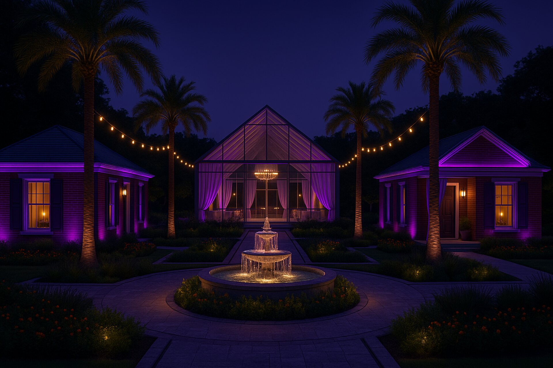 Concept render of the Purplenest pavilion at night, framed by palm trees and string lights