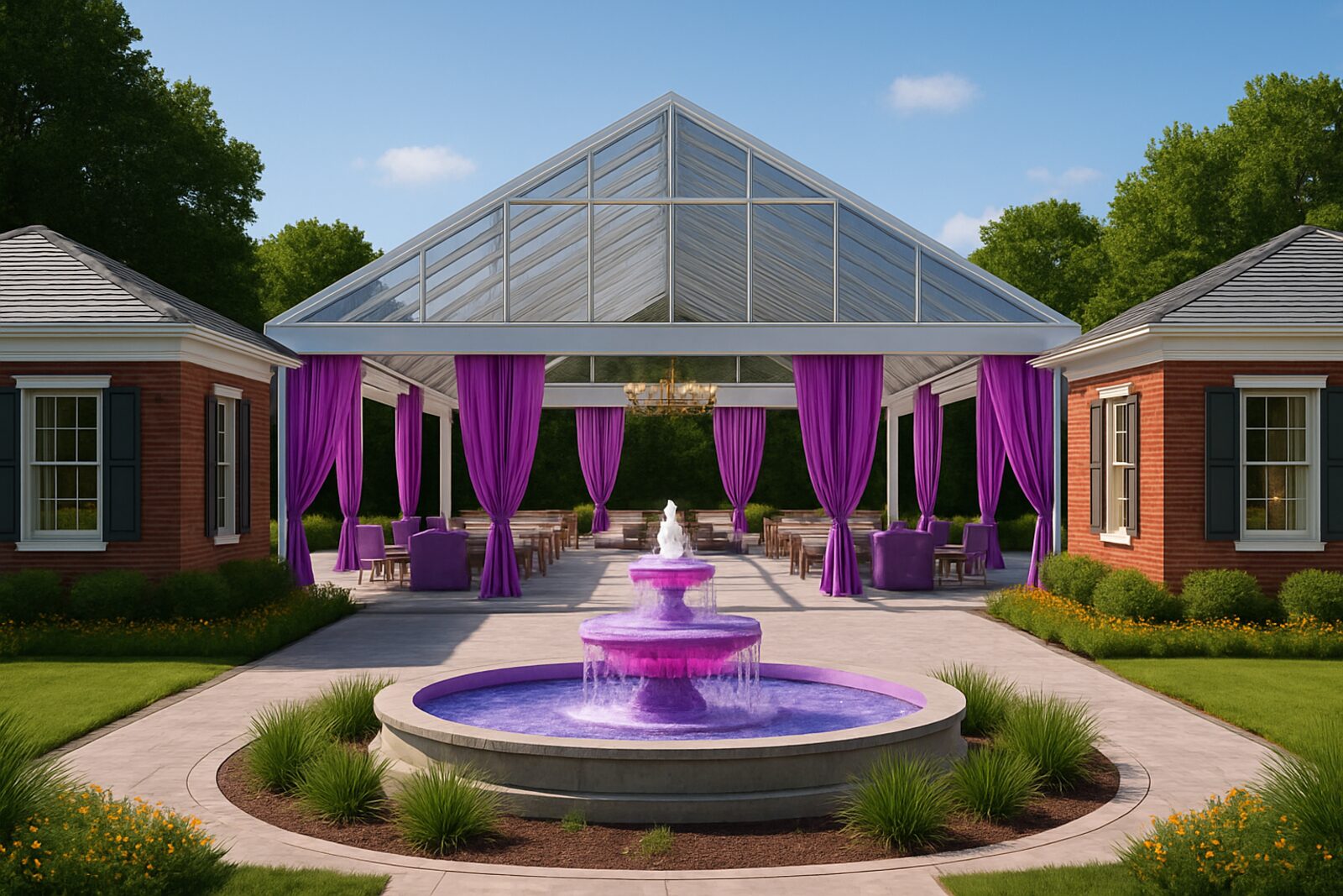 Daytime concept render of the glass pavilion with purple drapes and a tiered fountain