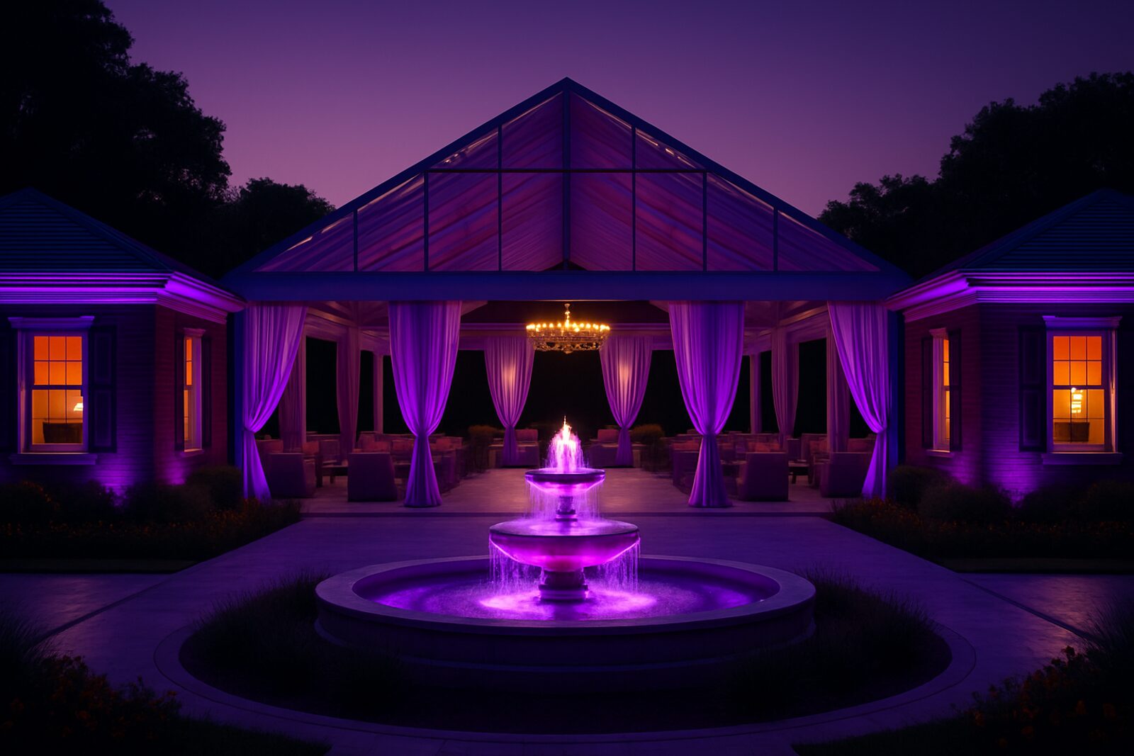 Close night view of the illuminated fountain and draped colonnade